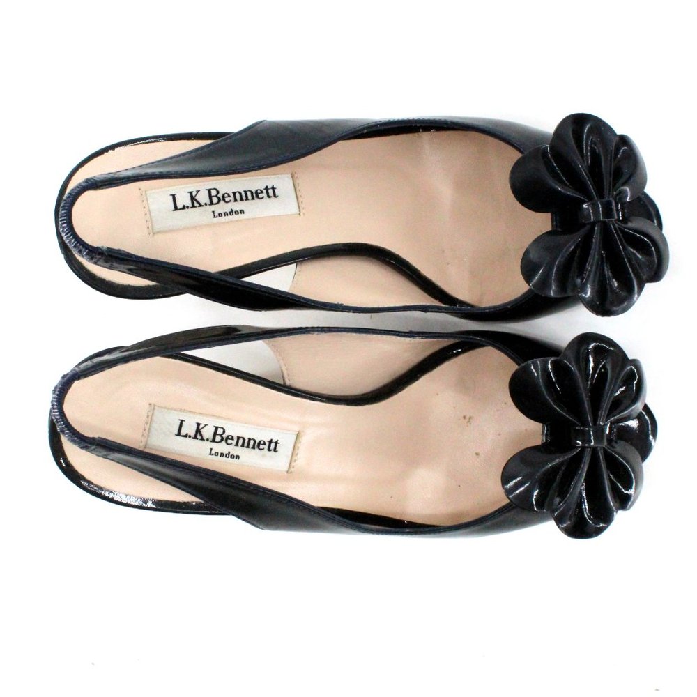 L.K. Bennett Black Patent Leather Peep Toe Slingback Bow Heel SZ 36 - Picture 2 of 16